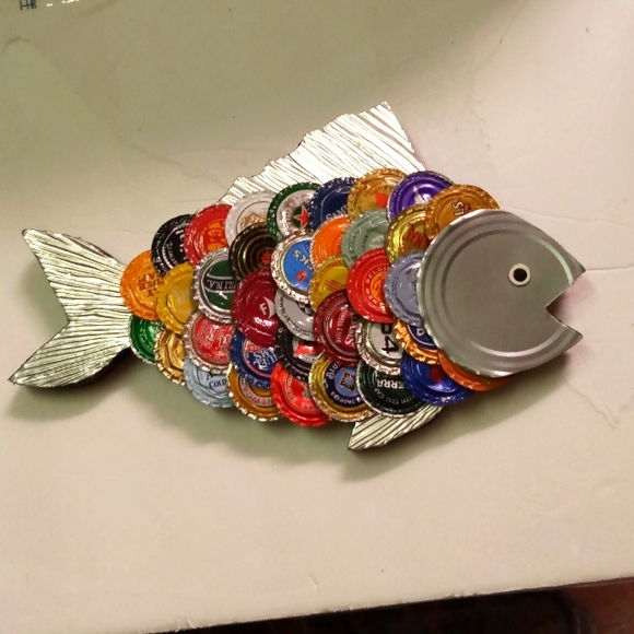 Hand Crafted Other - Handmade Fish Folk Art Decor Bottle Caps Aluminum Fins Vintage Collectible 11"x6
